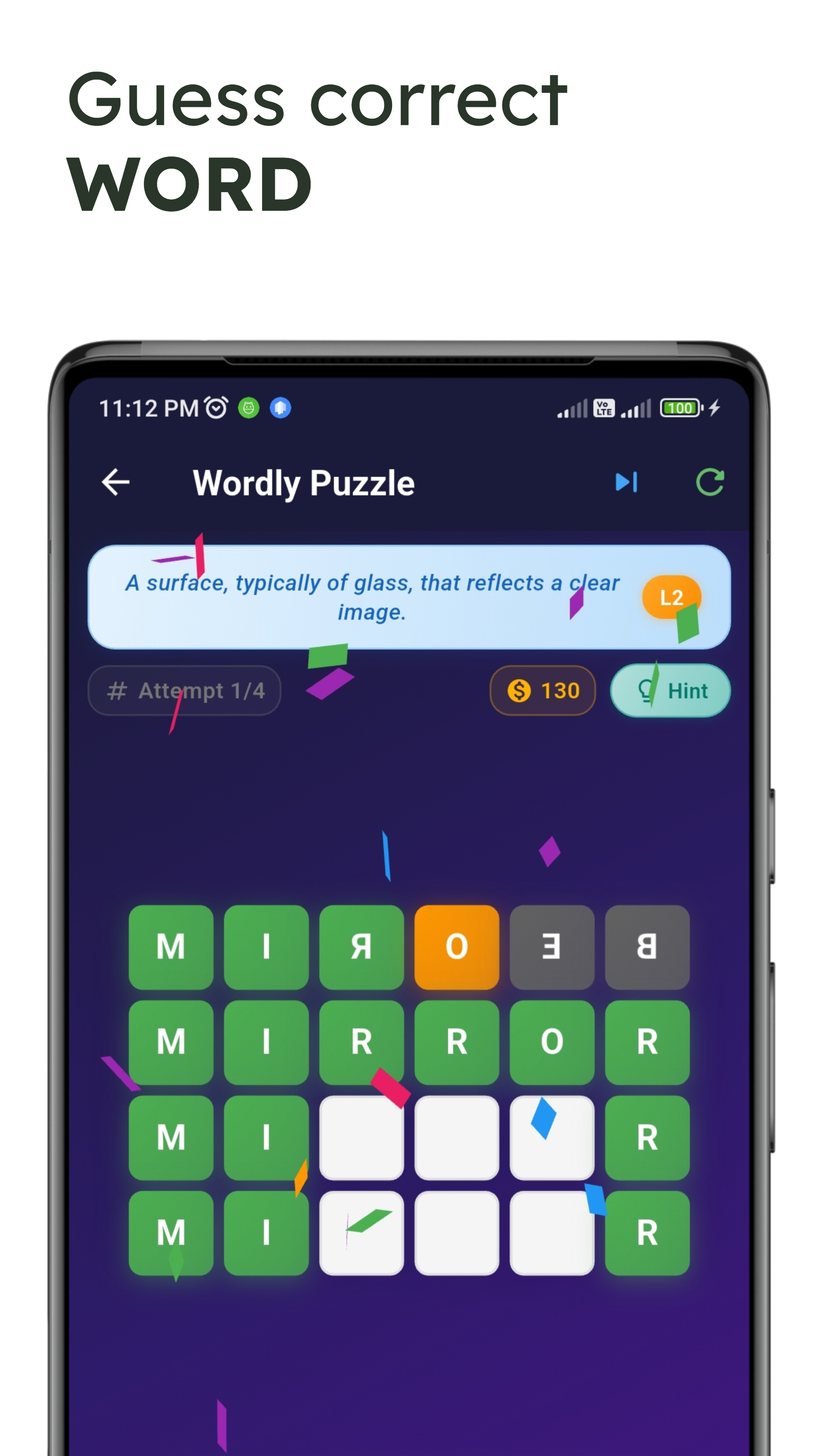 Screenshot showing a completed puzzle and score.